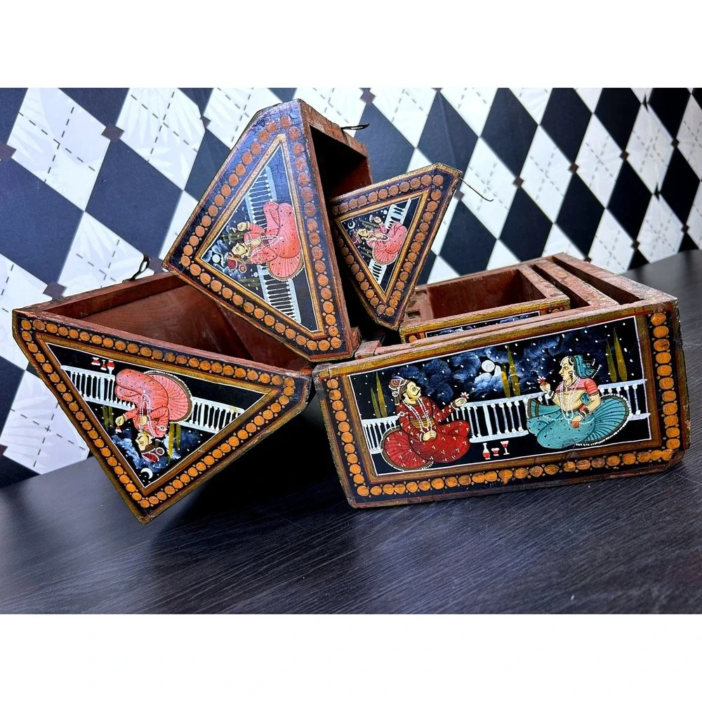 Vintage Indian Hand Painted Nesting Wooden Box Set of 3 Folk Art Storage Chests